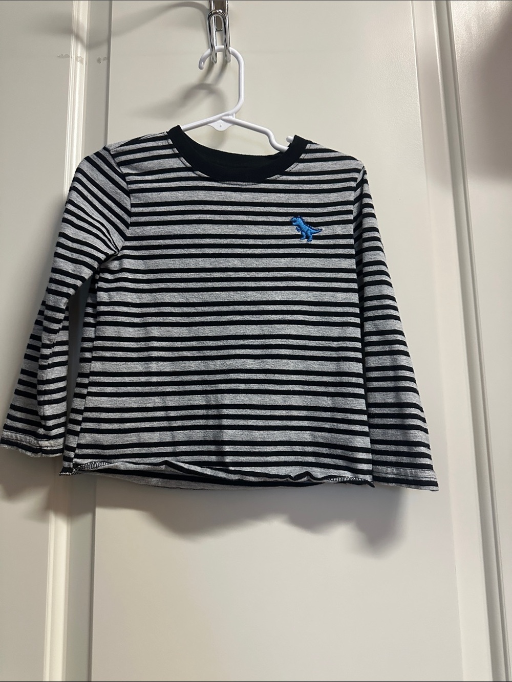 okie dokie Black & Gray Striped Long Sleeve Tee with Blue Dino Accent